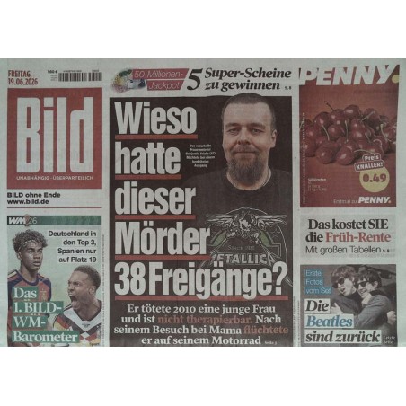 Bildzeitung Freitag, 19 Juni 2026 - Mörder mit 38 Freigänge