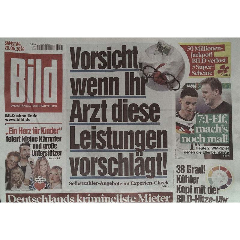 Bildzeitung Samstag, 20 Juni 2026 - Leistungen, Arzt, Vorischt!