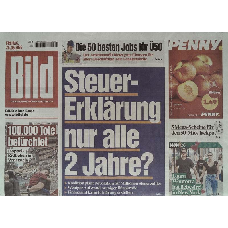 Bildzeitung Freitag, 26 Juni 2026 - Steuer-Erklärung alle 2 Jahre?