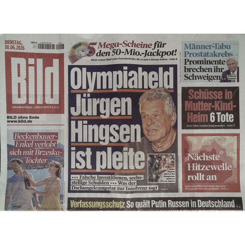 Bildzeitung Dienstag, 30 Juni 2026 - Jürgen Hingsen ist pleite