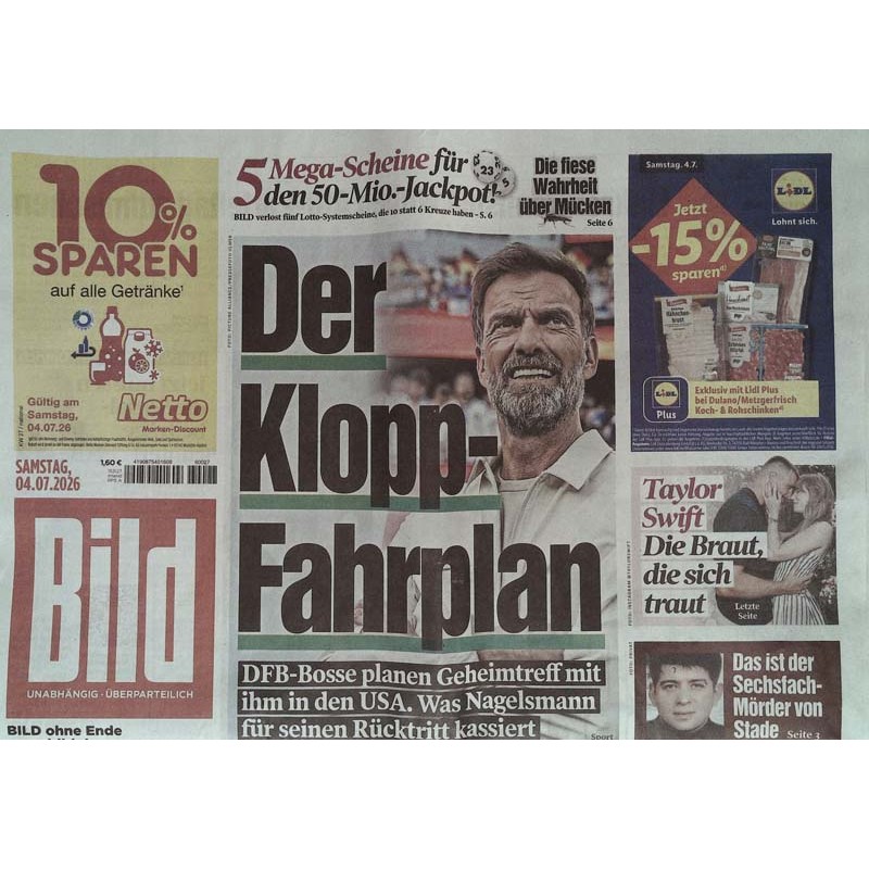 Bildzeitung Samstag, 4 Juli 2026 - Der Klopp Fahrplan