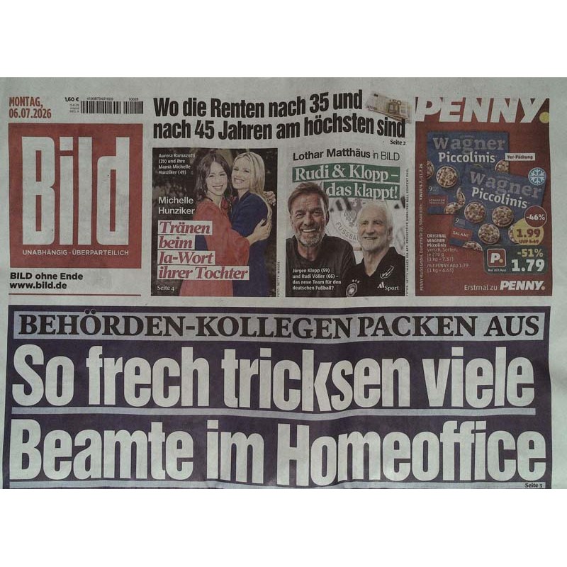 Bildzeitung Montag, 6 Juli 2026 - Beamte tricksen bei Homeoffice