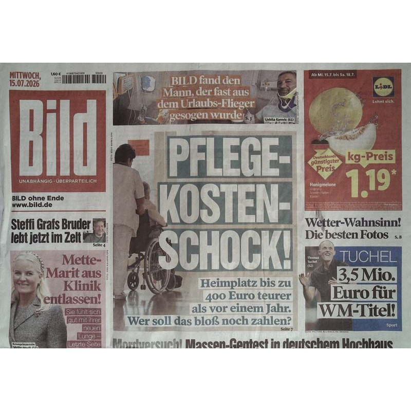 Bildzeitung Mittwoch, 15 Juli 2026 - Pflegekosten-Schock!