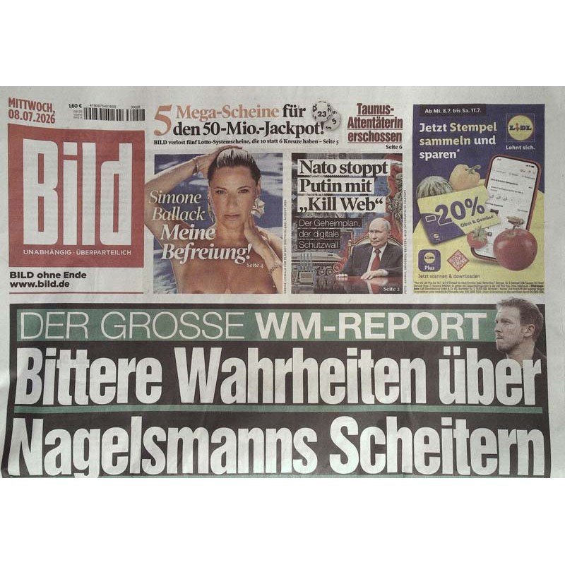 Bildzeitung Mittwoch, 8 Juli 2026 - Nagelsmanns Scheitern