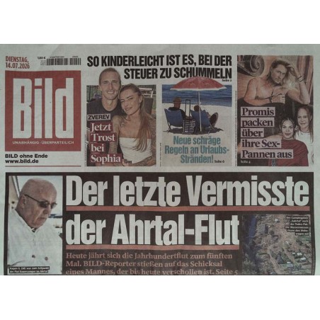 Bildzeitung Dienstag, 14 Juli 2026 - Der letzte von der Ahrtal-Flut