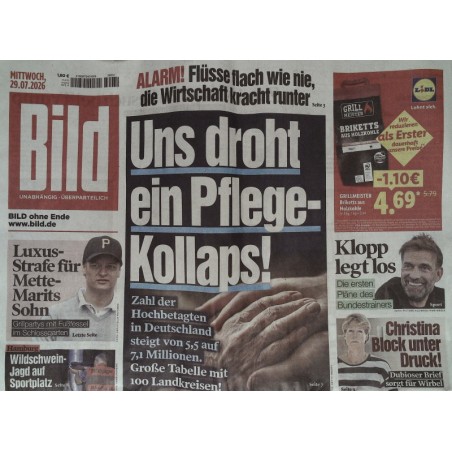 Bildzeitung Mittwoch, 29 Juli 2026 - Pflege-Kollaps!