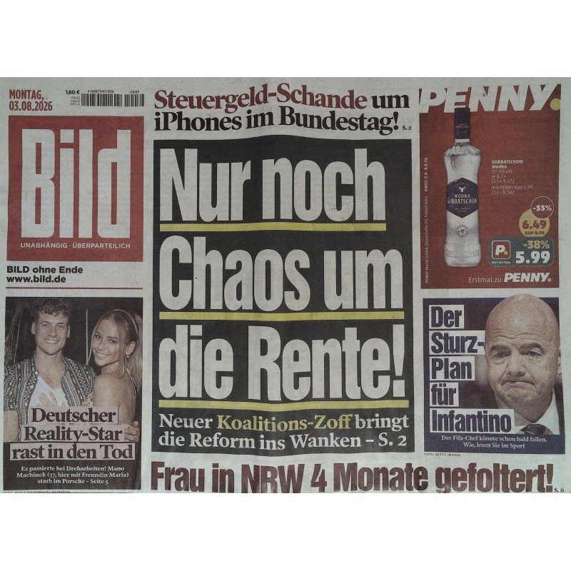 Bildzeitung Montag, 3 August 2026 - Nur noch Chaos um die Rente!