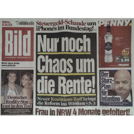 Bildzeitung Montag, 3 August 2026 - Nur noch Chaos um die Rente!