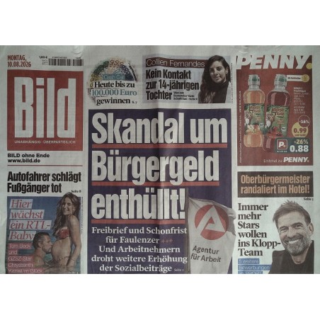 Bildzeitung Montag, 10 August 2026 - Skandal um Bürgergeld