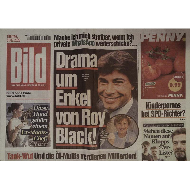 Bildzeitung Freitag, 31 Juli 2026 - Drama um Enkel von Roy Black!