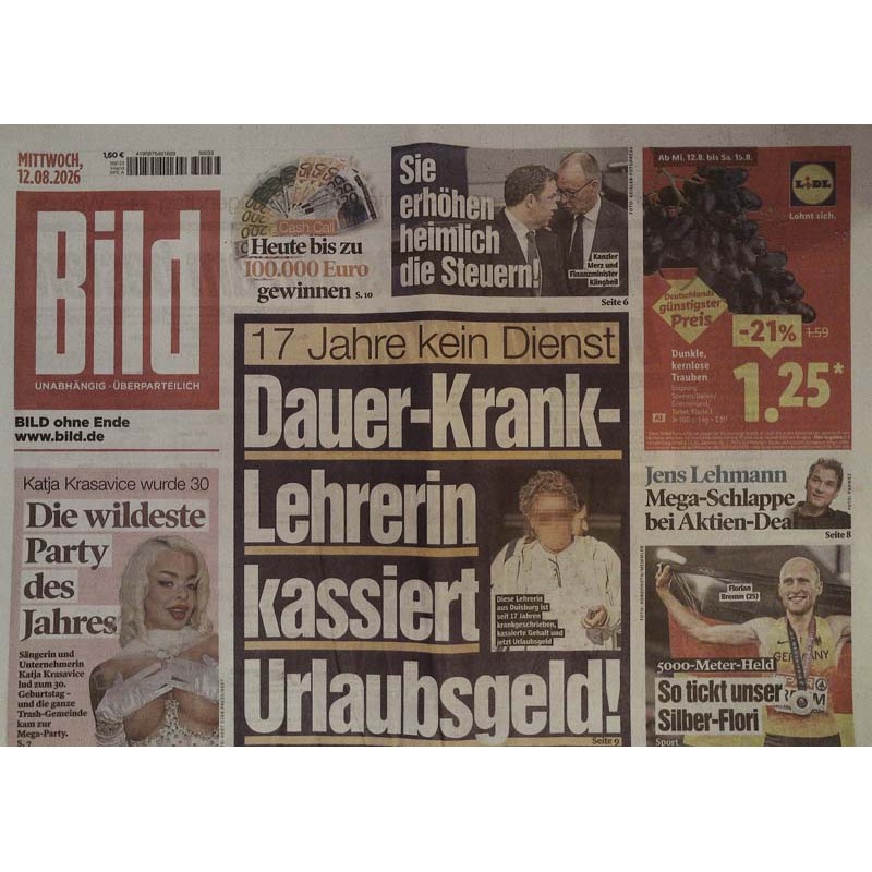 Bildzeitung Mittwoch, 12 August 2026 - Dauer-Krank-Lehrerin