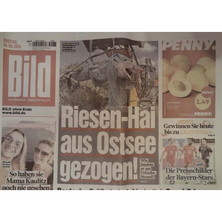 Bildzeitung Freitag, 14 August 2026 - Riesen-Hai aus Ostsee!
