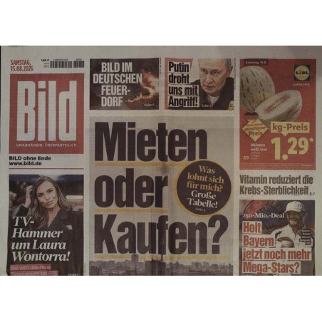 Bildzeitung Samstag, 15 August 2026 - Mieten oder Kaufen?