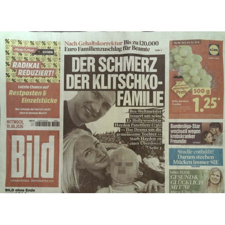 Bildzeitung Mittwoch, 19 Aug. 2026 - Der Schmerz der Klitschko-Familie