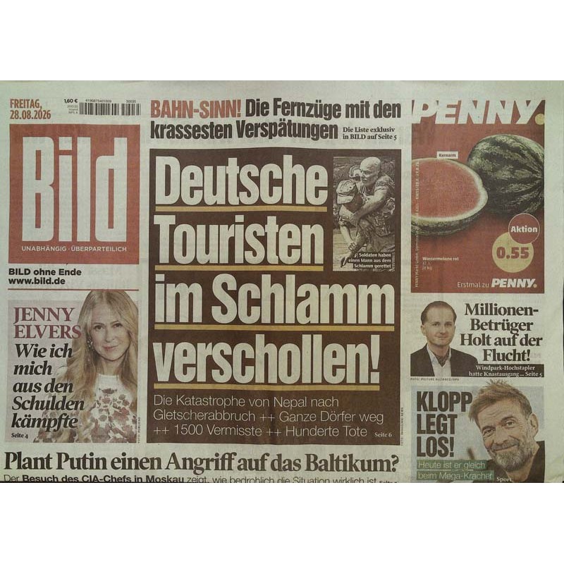 Bildzeitung Freitag, 28 August 2026 - Nepal: Touristen im Schlamm