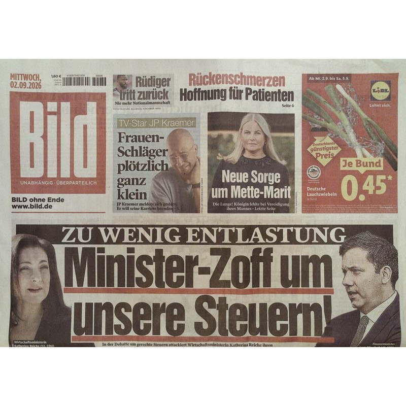 Bildzeitung Mittwoch, 2 September 2026 - Minister-Zoff um Steuern!