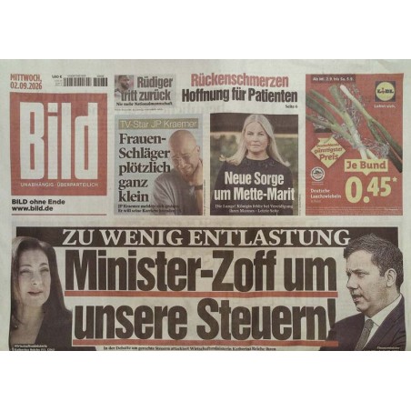 Bildzeitung Mittwoch, 2 September 2026 - Minister-Zoff um Steuern!