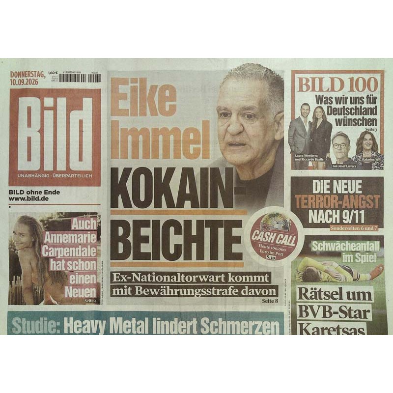 Bildzeitung Donnerstag, 10 September 2026 - Eike Immel & Kokain