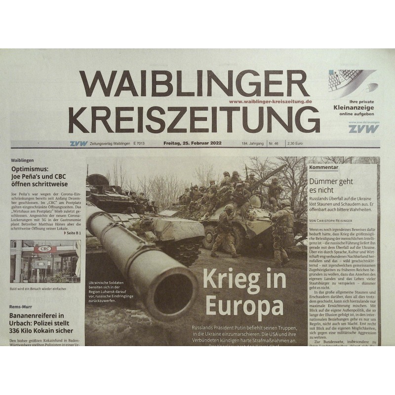 Waiblinger Kreiszeitung Freitag, 25 Februar 2022 - Krieg in Europa