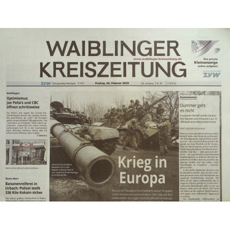Waiblinger Kreiszeitung Freitag, 25 Februar 2022 - Krieg in Europa