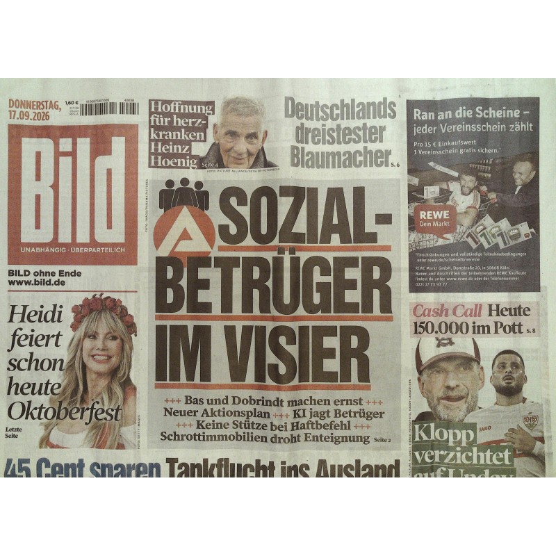 Bildzeitung Donnerstag, 17 September 2026 - Sozial-Betrüger