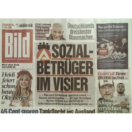 Bildzeitung Donnerstag, 17 September 2026 - Sozial-Betrüger