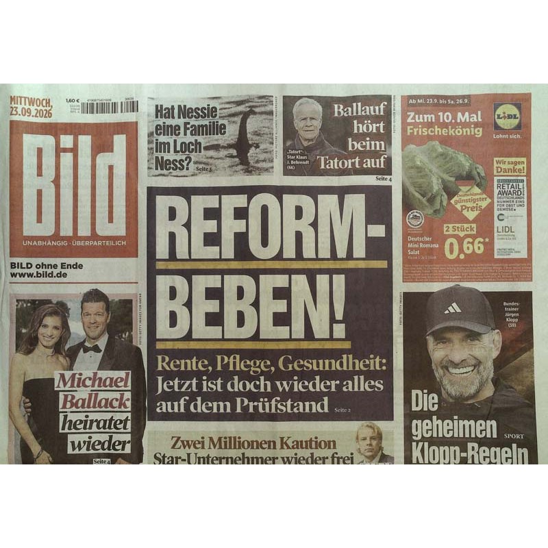 Bildzeitung Mittwoch, 23 September 2026 - Reform-Beben!