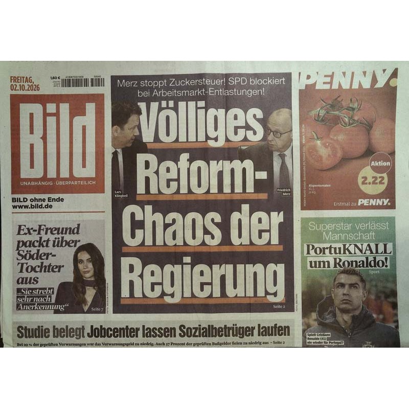 Bildzeitung Freitag, 2 Oktober 2026 - Reform-Chaos