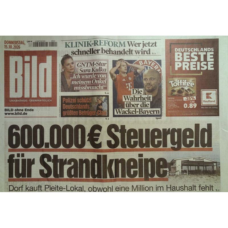 Bildzeitung Donnerstag, 15 Oktober 2026 - 600.000 € Steuergeld