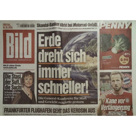 Bildzeitung Freitag, 16 Oktober 2026 - Erde dreht sich schneller