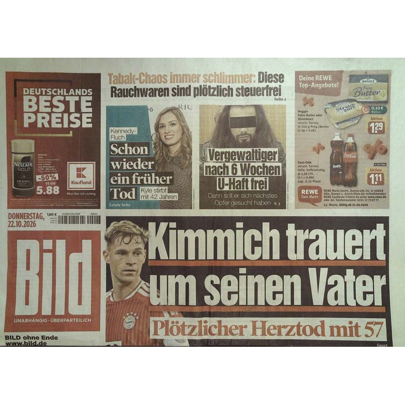 Bildzeitung Donnerstag, 22 Oktober 2026 - Kimmich trauert