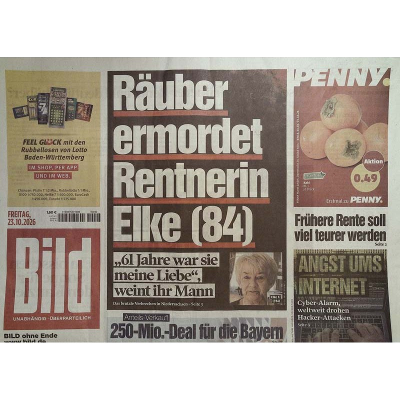 Bildzeitung Freitag, 23 Oktober 2026 - Räuber ermordet Elke