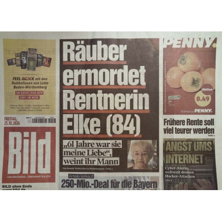 Bildzeitung Freitag, 23 Oktober 2026 - Räuber ermordet Elke