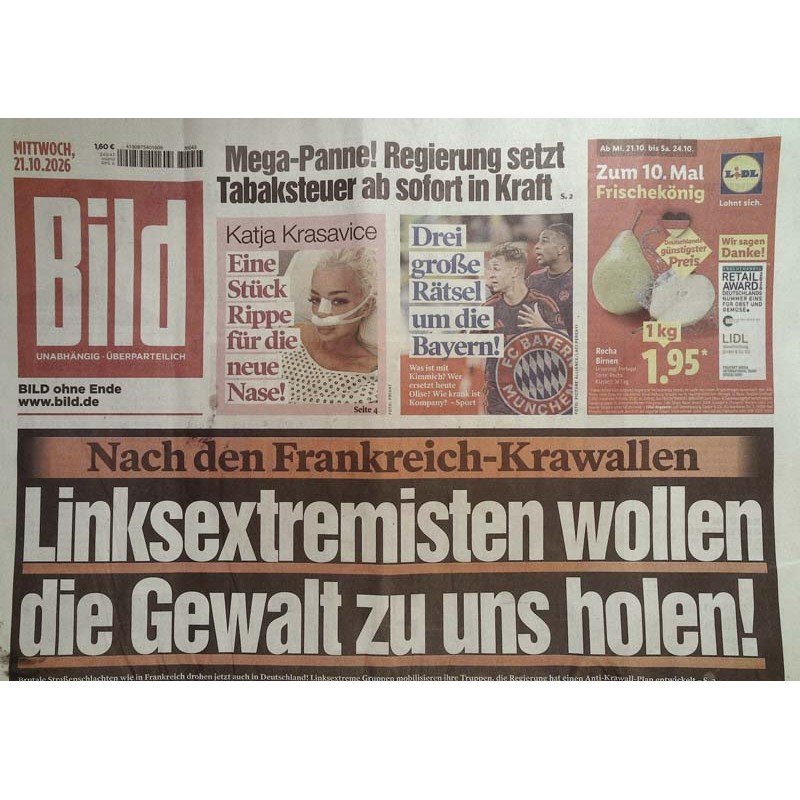 Bildzeitung Mittwoch, 21 Oktober 2026 - Linksextremisten