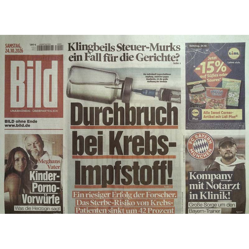 Bildzeitung Samstag, 24 Oktober 2026 - Durchbruch Krebs-Impfstoff