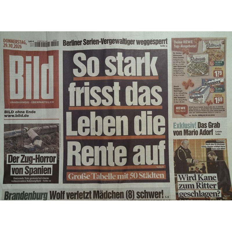 Bildzeitung Donnerstag, 29 Oktober 2026 - Die Rente frisst!