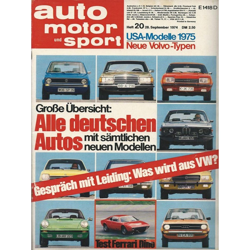 auto motor & sport Heft 20 / 28 September 1974 - Alle deutschen Autos