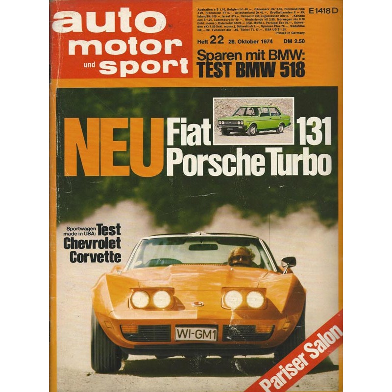 auto motor & sport Heft 22 / 26 Oktober 1974 - Test Chevrolet Corvette