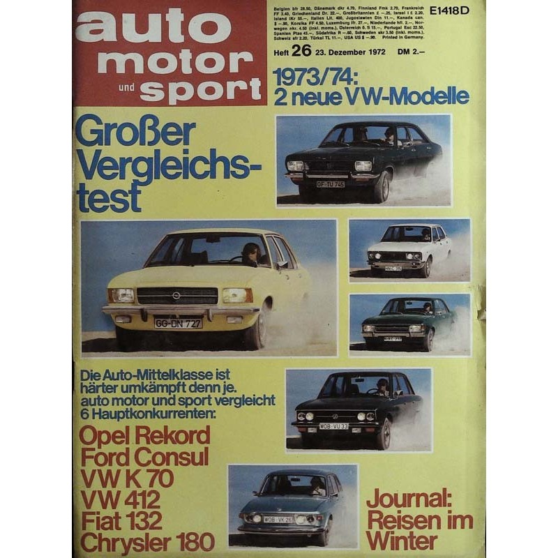 auto motor & sport Heft 26 / 23 Dezember 1972 - Vergleichstest